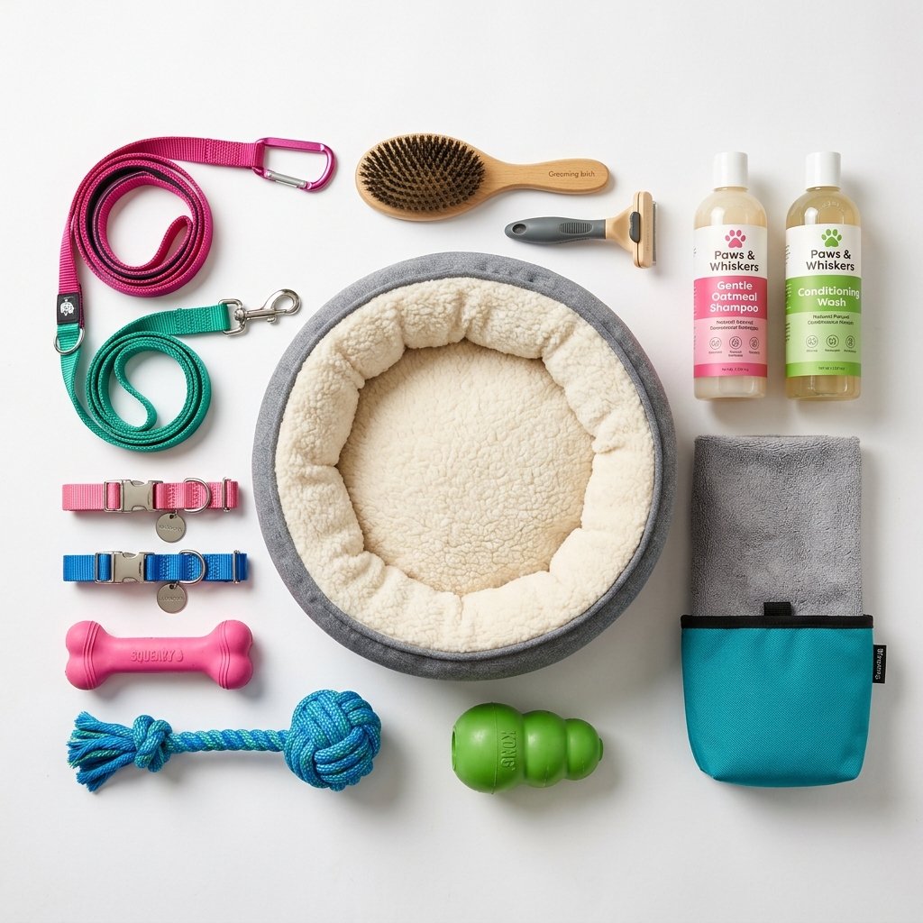 Acessórios pet - coleiras, brinquedos, shampoo e caminhas