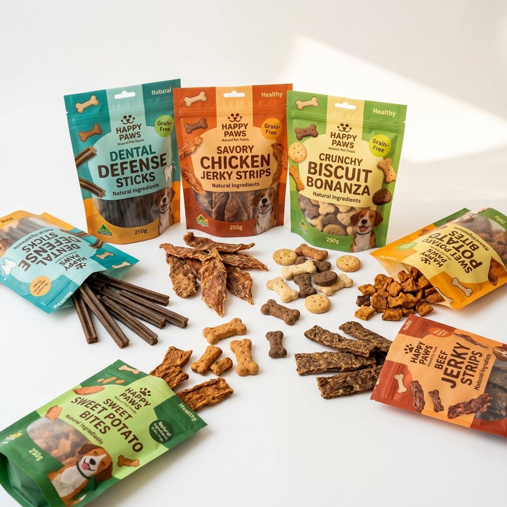 Petiscos naturais para cães - dental sticks, jerky e biscoitos